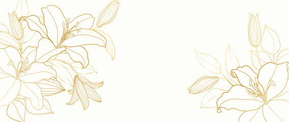 Wall Mural - Gold Flower hand drawn on white background vector. Natural botanical elegant lily floral with gold line art. Luxury illustration for decoration, wall decor, wallpaper, cover, banner, package, card.