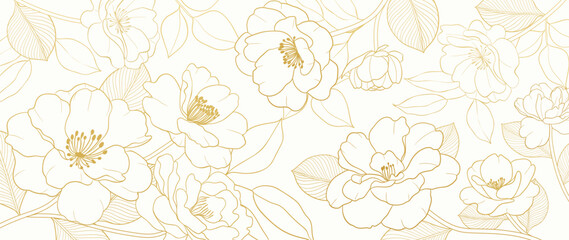 Wall Mural - Gold Flower hand drawn on white background vector. Natural botanical elegant peony floral with gold line art. Luxury illustration for decoration, wall decor, wallpaper, cover, banner, package, card.