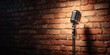 © Maryna - Comedy Poster. Stand up comedy stage with microphone on brick wall background for open mic monologue banner