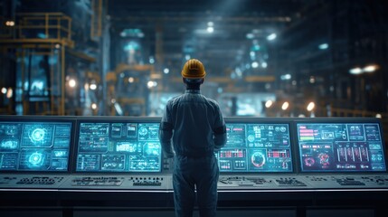 Wall Mural - medium shot of a smart factory control panel with holographic interface and a technician monitoring 