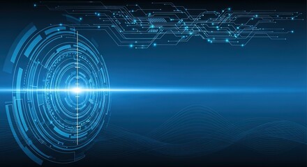 Futuristic digital interface with glowing circuitry and concentric blue circles