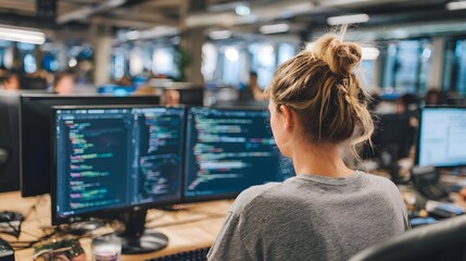 female software developer coding at dual monitors in tech startup environment