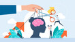 © Yurii - Freedom from manipulation, propaganda. Puppet master controlling woman mind. Puppeteer loses control. Mental health, illness, hand holding puppet strings with a thread of brain. Vector illustration