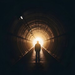 lone figure emerges from dark tunnel into bright light, symbolizing hope, future, and new beginnings