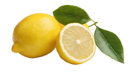 Fresh lemons with vibrant yellow skin and green leaves, showcasing a cut lemon revealing juicy interior, ideal for culinary use
