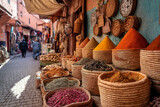 Kolorowe przyprawy na tradycyjnym marokańskim targu w Marrakeszu. Aromatyczne mieszanki, intensywne barwy i zapachy orientu tworzą wyjątkową atmosferę souku.