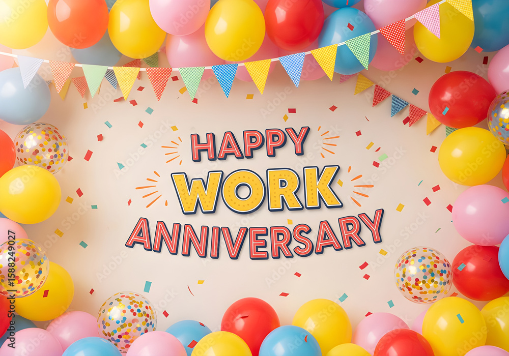 Celebrate happy work anniversary with balloons, banners, and cheerful ...