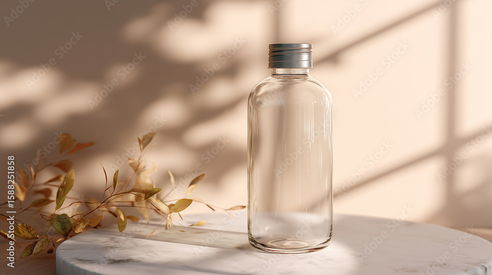 Clear Bottle Stands on Marble. Perfect for web, marketing, design. Highlights product, skin care, organic concept. Beige tones, with dried leaves and shade.