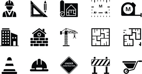 A collection of construction and building related icons on a white background
