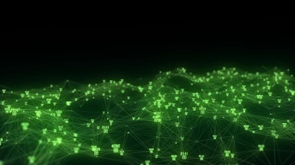 Wall Mural - dark cyberspace in digital background. abstract technology green wave with motion glowing dots and l