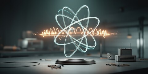 Wall Mural - quantum computing entanglement concept. 3d atomic model with waves in a modern laboratory setting