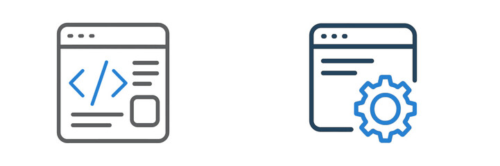 Graphic icons representing web development and debugging process in a digital workspace