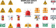 © M - Collection of flat design icons representing workplace safety equipment and warnings.