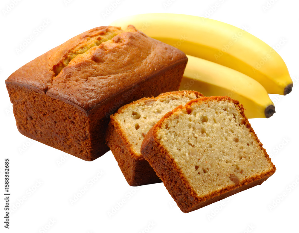 Golden Banana Cake: A delectable loaf of freshly baked banana bread, sliced and ready to enjoy, alongside fresh, ripe bananas, offering a visual feast of textures and flavors.