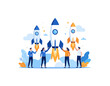 © Project - Flat vector illustration of a business team launching rockets symbolizing a new project or startup.