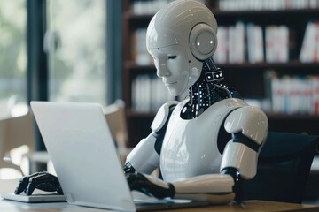 humanoid robot is using a laptop to improve its artificial intelligence inside a modern library