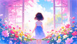 © リリ - 満開の花に囲まれた窓辺に立つ少女が光の向こうを見つめる、幻想的で優しい空気に包まれた春の始まりを感じさせるイラストタッチの情景
