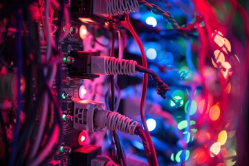 Wall Mural - network attached storage nas drive with ethernet cables and flashing led lights in a data center