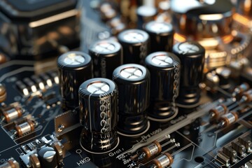 Wall Mural - close up view of a circuit board with capacitors, resistors, and other components