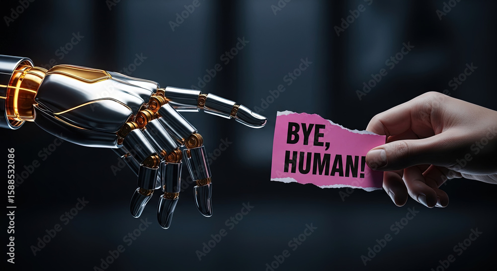 Foto de Stock Robot Hand Reaching for Human Hand with Bye Human Sign ...