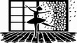 © VectorMonk - Silhouette of a ballerina in a tutu performing in front of a window with flower patterns on the right