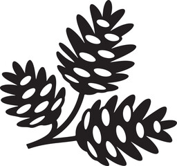 Three pine cones on a branch with oval shapes inside silhouette