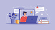 © Briliana - Illustration of a man with a headset working on a laptop, surrounded by books, a plant, and other digital elements.