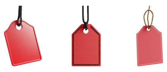 Three isolated red price tags on a transparent background for retail use