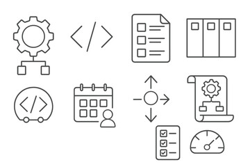 Development and coding line icon set. technology, interface and programming symbols