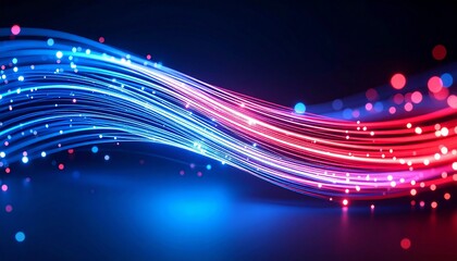 Dynamic fiber optic light trails in red, blue, and purple on dark tech background