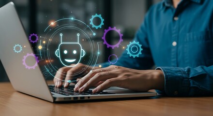 person using a laptop with an illuminated ai robot and gear icon design.