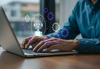 person typing on a laptop with a modern artificial intelligence robot concept overlay