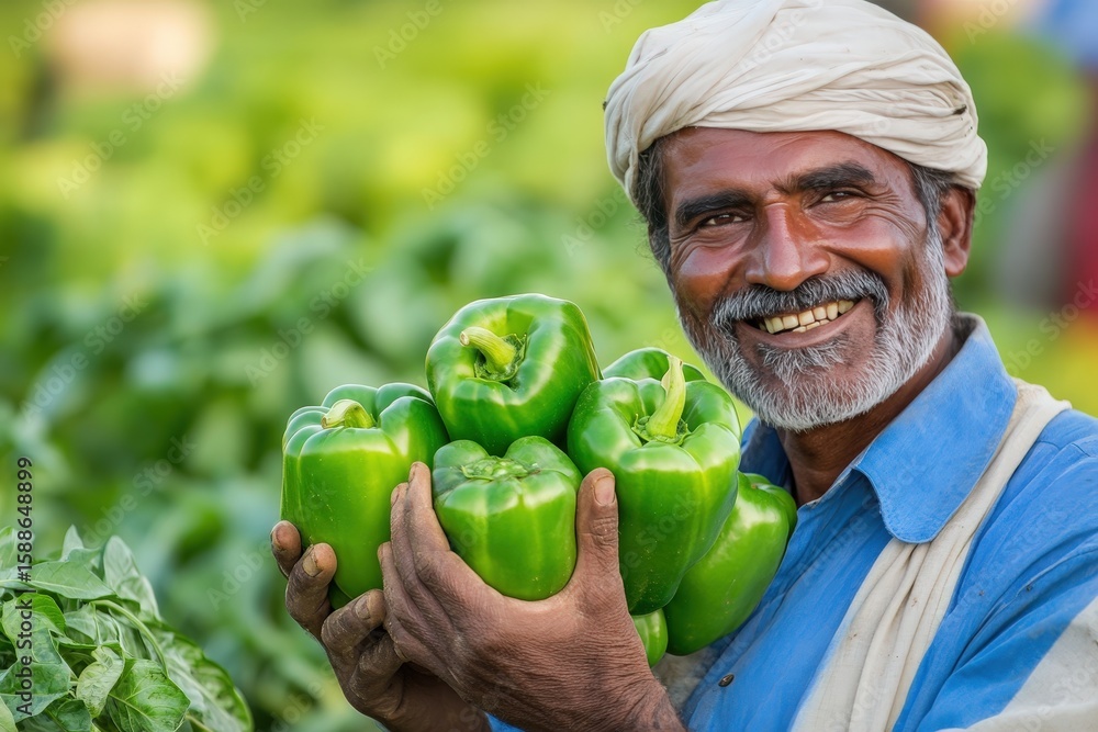 Smiling Indian Farmer Holding Fresh Green Bell Peppers in Field Stock ...