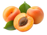 Ripe juicy apricots, some whole and one cut to reveal its pit, arranged with green leaves, cleanly isolated on a transparent PNG.