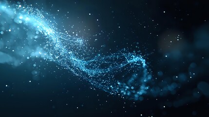 Glowing blue particles flow in dynamic wave formation against dark background, creating ethereal cosmic effect with sparkling light trails and nebula-like atmosphere.