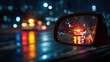 © Selvi - Rain-streaked side mirror reflects a blurry city nightscape, vibrant with colorful lights and wet asphalt.