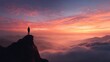 © Selvi - Solitary Figure Silhouetted Against a Vibrant Sunset Over Majestic Mountains