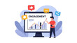 © Kino Studio - A man analyzes a rising engagement graph on a computer screen surrounded by social media icons illustrating online growth and positive interaction