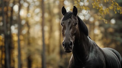Wall Mural - majestic black horse standing motionless between golden autumn trees, surrounded by drifting leaves 