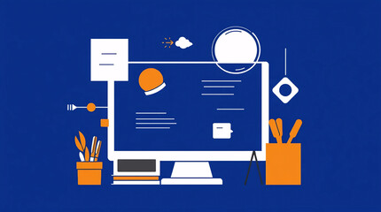 flat design style of web development process with computer screen and digital icons on blue background
