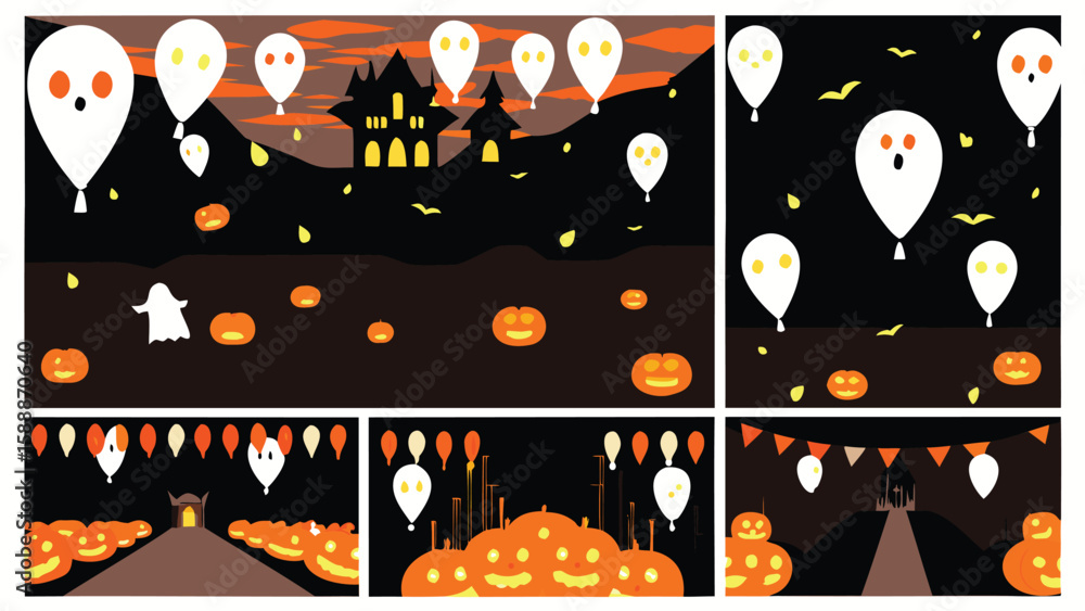 Collage of halloween scenes with ghost balloons pumpkins and haunted ...