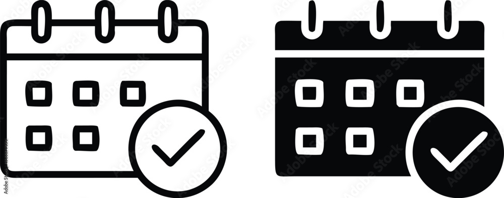 Calendar with Check Mark Icon Set – Black and White Vector Schedule and ...