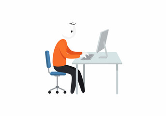 Cartoon stick figure working at a computer desk typing on keyboard learning online education concept