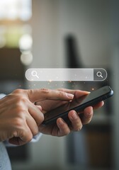 Person using a smartphone with a digital search bar overlay, suggesting online browsing.