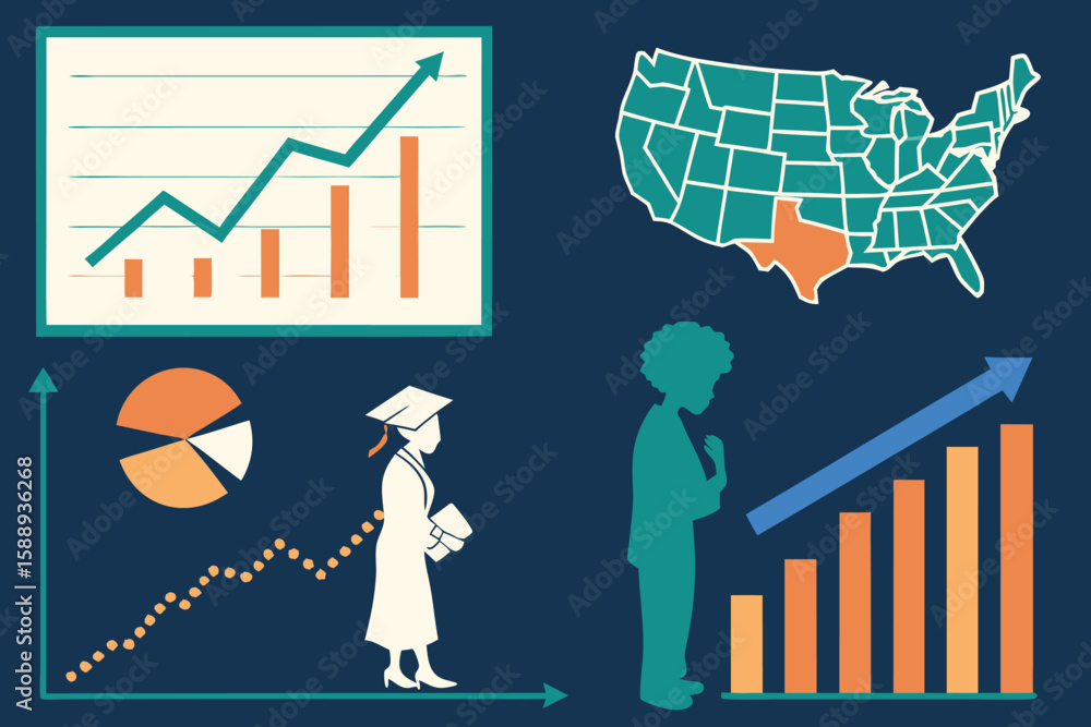 Illustration showing charts, graphs, map of usa, graduate, and a person ...