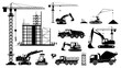 © Waqas - A grid of black silhouettes showing different types of construction site vehicles and equipment.The silhouettes include excavators, bulldozers, cranes, forklifts, cement mixers, dump trucks, and scaf