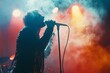 © Татьяна Евдокимова - Energetic singer performing live on a stage filled with smoke and colorful lights, creating a vibrant and exciting atmosphere
