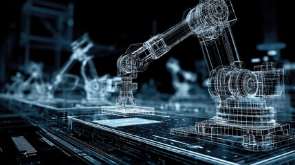 Robotic system wireframe on dark digital interface background, representing automation