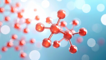 Wall Mural - 3d rendering of a molecular structure with red spheres against a blue bokeh background, symbolizing 