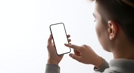 Person using smartphone with blank screen. Ai generation